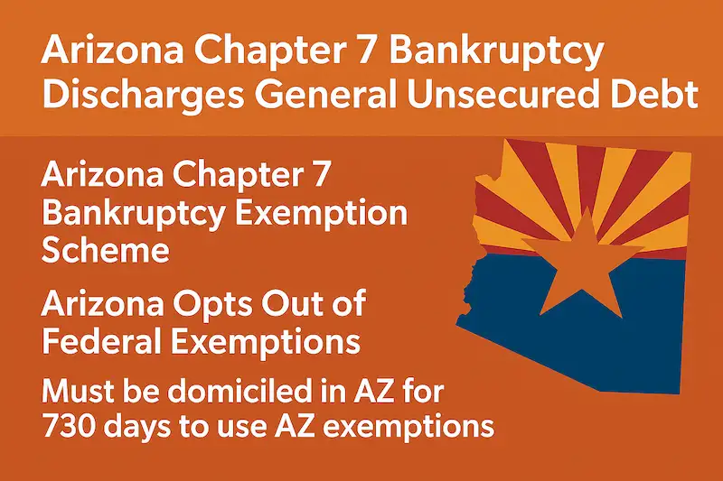 Infographic highlighting Arizona Chapter 7 bankruptcy rules: discharges general unsecured debt, Arizona uses its own exemption scheme, opts out of federal exemptions, and requires 730 days of Arizona domicile to use state exemptions. Includes Arizona state outline with flag design.