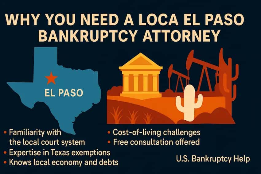 Infographic titled ‘Why You Need a Local El Paso Bankruptcy Attorney’ showing a Texas map with El Paso highlighted, a courthouse and desert icons, and bullets for local court expertise, Texas exemptions, local economy knowledge, accessible support, cost-of-living challenges, and free consultation.