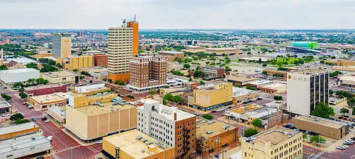 An aerial view of beautiful downtown Lubbock Texas.