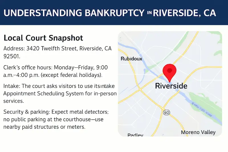 An infographic showing Riverside California Bankruptcy Court location and details, including address, office hours, intake requirements, security, and parking information with map showing courthouse pin.