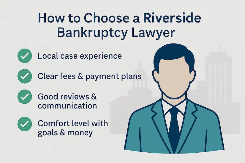 Infographic checklist on how to choose a Riverside bankruptcy lawyer, highlighting local case experience, clear fees and payment plans, good reviews and communication, and comfort level discussing goals and money.