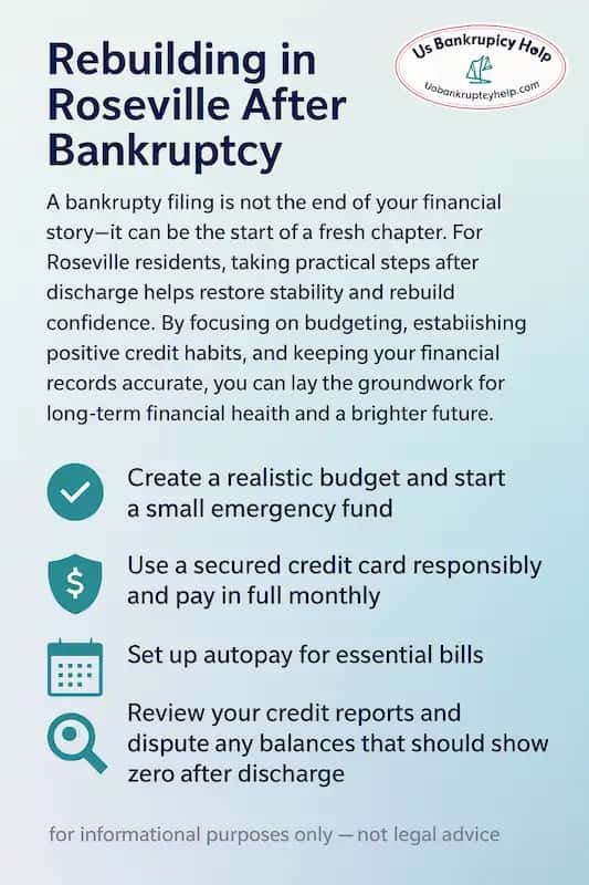 An infographic showing Roseville residents steps they can take ot rebuild their credit after bankruptcy.