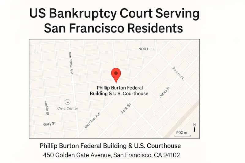 Map showing the location of the Phillip Burton Federal Building & U.S. Courthouse, 450 Golden Gate Avenue, San Francisco, CA 94102, marked with a red location pin. The map highlights nearby streets and the Civic Center area to guide San Francisco residents to the US Bankruptcy Court.
