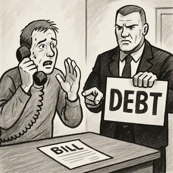 An entertaining image that shows a bill collector trying to get payment from a resident of San Francisco.