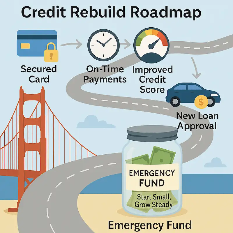 San Francisco credit rebuild roadmap infographic with Golden Gate Bridge background, showing steps to restore credit: start with a secured card, make on-time payments, improve credit score, achieve new loan approval, and build an emergency fund jar labeled 'Start Small, Grow Steady.'