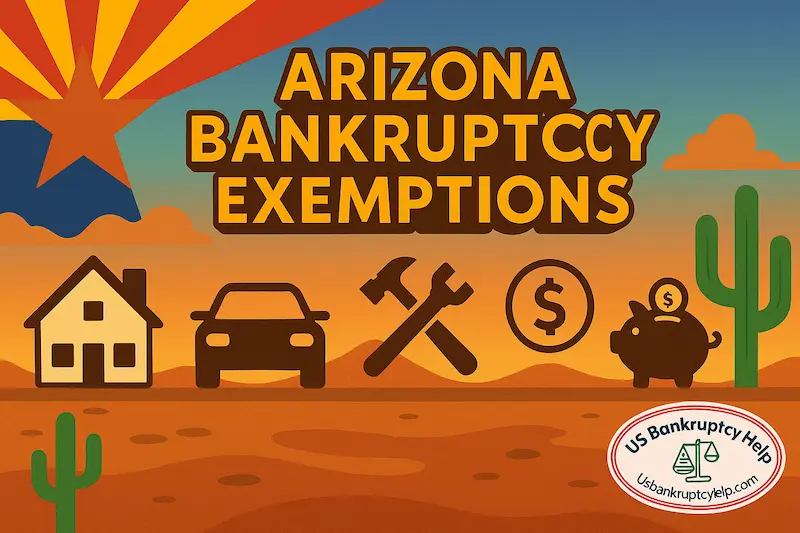 Wide infographic titled ‘Arizona Bankruptcy Exemptions’ with Arizona-flag sunburst and desert cacti, showing icons for home, car, tools, wages, and retirement; US Bankruptcy Help logo in the corner.