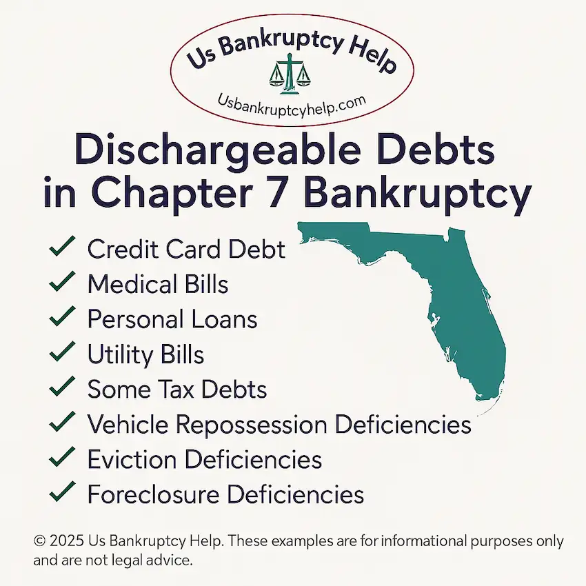 Infographic from U.S. Bankruptcy Help showing dischargeable debts in Chapter 7 bankruptcy in Florida, with a Florida state outline and a checklist including credit card debt, medical bills, personal loans, utility bills, some tax debts, vehicle repossession deficiencies, eviction deficiencies, and foreclosure deficiencies. Educational use only, not legal advice.