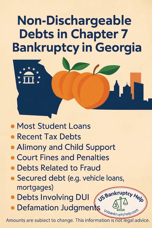 Infographic showing non-dischargeable debts in chapter 7 bankruptcy in Georgia—most student loans, recent tax debts, alimony/child support, court fines and penalties, fraud-related debts, secured debts (vehicle loans, mortgages), DUI-related debts, and defamation judgments—with Georgia map, peaches, and US Bankruptcy Help logo.
