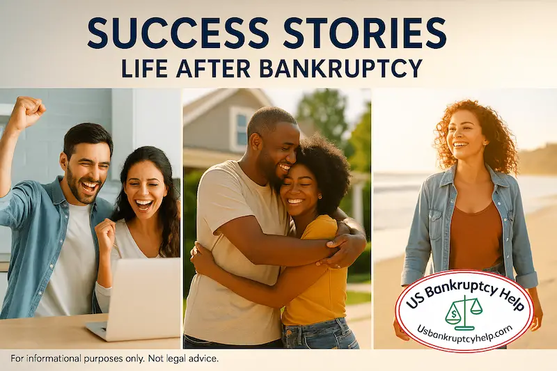 Collage-style image titled “Success Stories – Life After Bankruptcy” showing happy individuals and families enjoying everyday life after debt relief, with the US Bankruptcy Help logo and a small disclaimer stating the image is for informational purposes only, not legal advice.