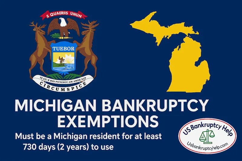 Michigan bankruptcy exemptions infographic noting you must be a Michigan resident for at least 730 days (2 years) to use exemptions, with tri-star flag styling and US Bankruptcy Help logo.