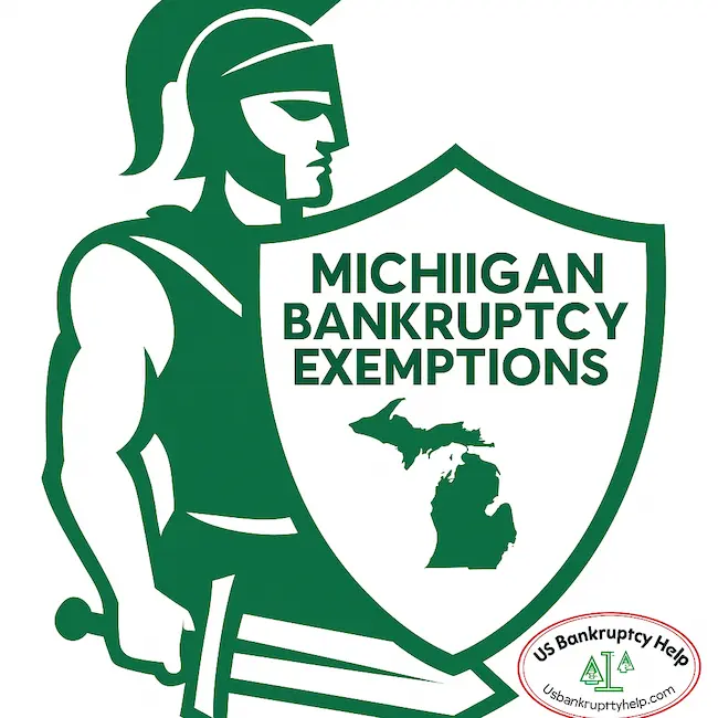 Spartan-style figure holding a shield reading “Michigan Bankruptcy Exemptions,” branded with the US Bankruptcy Help logo.