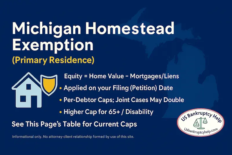 Homestead exemption explainer for Michigan bankruptcy showing how protected home equity is calculated and applied on the petition date.
