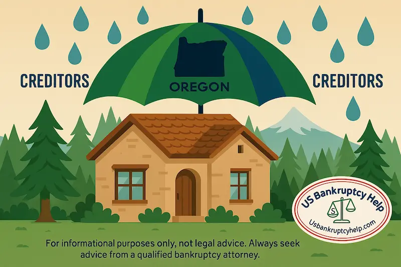 Illustration of a house in an Oregon forest protected by a large green and blue umbrella with the Oregon state outline on it, raindrops labeled creditors falling around the umbrella, symbolizing the Oregon homestead exemption, with the US Bankruptcy Help logo and a small disclaimer stating For informational purposes only, not legal advice. Always seek advice from a qualified bankruptcy attorney.