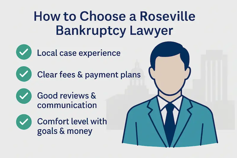 How to choose a Roseville bankruptcy lawyer infographic with checklist showing local experience, clear fees and payment plans, good reviews and communication, and comfort level with goals and money.