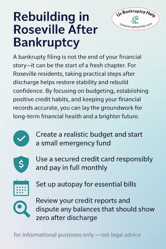 An infographic showing Roseville residents steps they can take to rebuild their credit after bankruptcy.