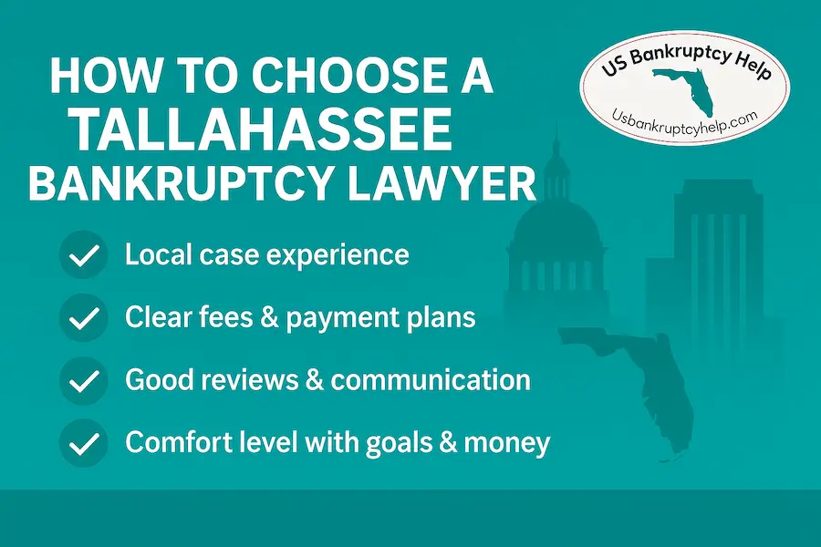 How to choose a Tallahassee bankruptcy lawyer—infographic with checklist (local experience, clear fees, reviews, communication) and US Bankruptcy Help logo.