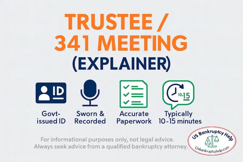 Tennessee 341 meeting of creditors explainer graphic showing ID check, oath, and brief trustee questions.