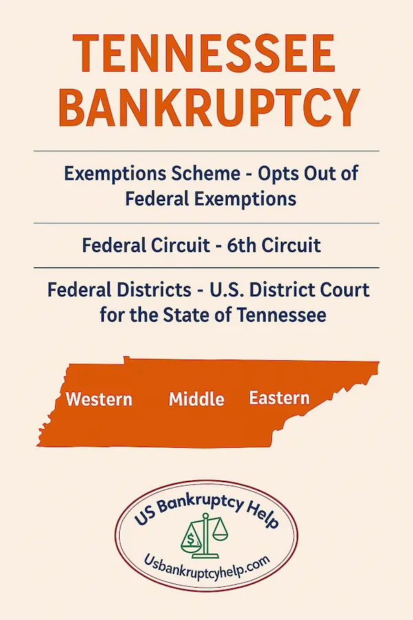 Tennessee bankruptcy infographic showing opt-out state exemption scheme, 6th Circuit affiliation, and map of Western, Middle, and Eastern federal districts with US Bankruptcy Help logo.