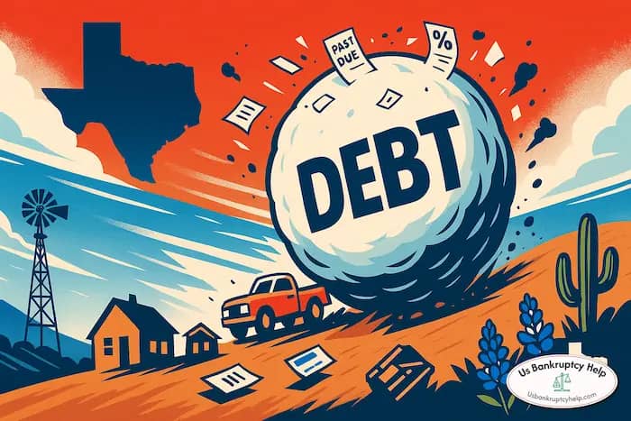 Texas Chapter 13 debt snowball infographic—snowball rolling down hill with debts like credit cards, medical bills, car loans, IRS taxes, and mortgage—US Bankruptcy Help logo.