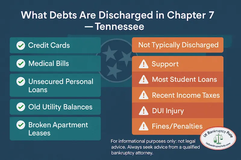 Visual summary of debts commonly discharged in Tennessee Chapter 7 and key categories that are usually not discharged.