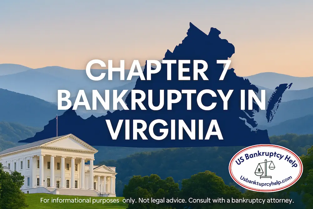 Wide hero banner for Chapter 7 bankruptcy in Virginia showing a blue silhouette of the state over the Blue Ridge Mountains, the heading "Chapter 7 Bankruptcy in Virginia" in large white text, and the US Bankruptcy Help logo in the lower corner with a small disclaimer reading "For informational purposes only, not legal advice. Always seek advice from a qualified bankruptcy attorney."