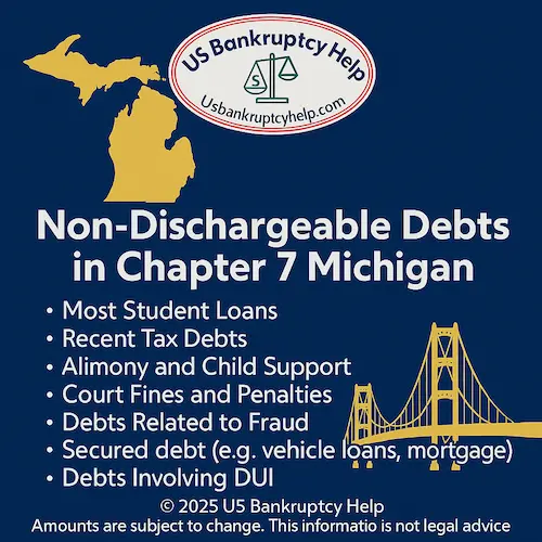 Non-dischargeable debts in Michigan chapter 7—examples like support, most student loans, recent certain taxes, fraud or DUI injuries—featuring a Michigan silhouette and the US Bankruptcy Help logo.