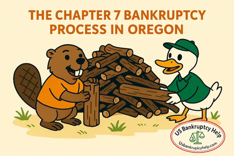 Cartoon duck and beaver in Oregon colors working together to stack logs into a dam under the heading “The Chapter 7 Bankruptcy Process in Oregon,” with the US Bankruptcy Help logo in the corner, symbolizing building the chapter 7 process step by step together.