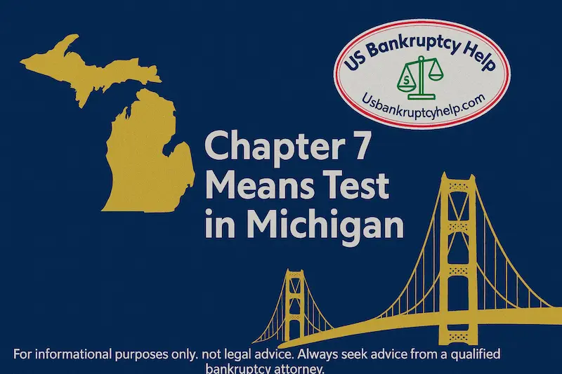 Chapter 7 means test in Michigan banner with state silhouette, Mackinac Bridge, and US Bankruptcy Help logo.