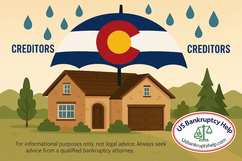 Illustration of a Colorado home under a Colorado flag umbrella blocking creditor rain, symbolizing Colorado bankruptcy exemptions, with the US Bankruptcy Help logo at the bottom.