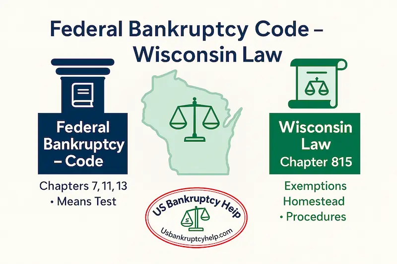 Infographic showing a blue column labeled Federal Bankruptcy Code with Chapters 7, 11, 13 and Means Test on one side, a green column labeled Wisconsin Law Chapter 815 with exemptions, homestead, and procedures on the other side, and an outline of Wisconsin with scales of justice in the center, branded with the US Bankruptcy Help logo.