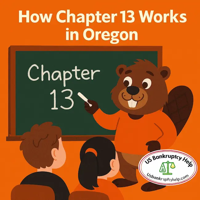 Cartoon beaver in an orange sweater standing at a chalkboard writing “Chapter 13” while teaching two students in a classroom, with the heading “How Chapter 13 Works in Oregon” above and the US Bankruptcy Help logo in the corner.