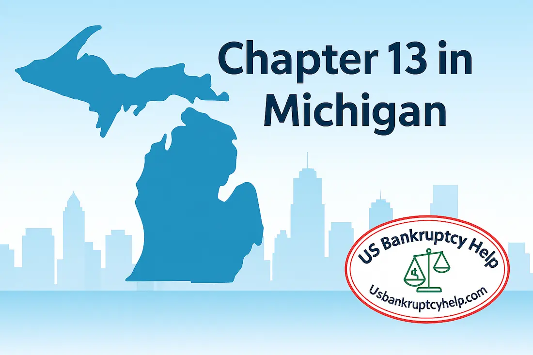 Michigan Chapter 13 bankruptcy hero image with state outline and city skyline, branded with the US Bankruptcy Help logo.