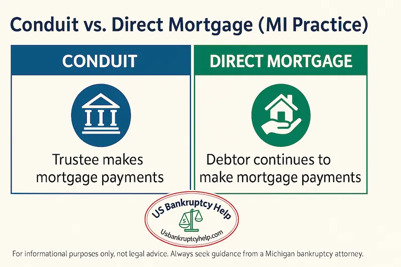 Comparison of Michigan Chapter 13 mortgage handling—conduit versus direct pay—with a note to follow local trustee policy.