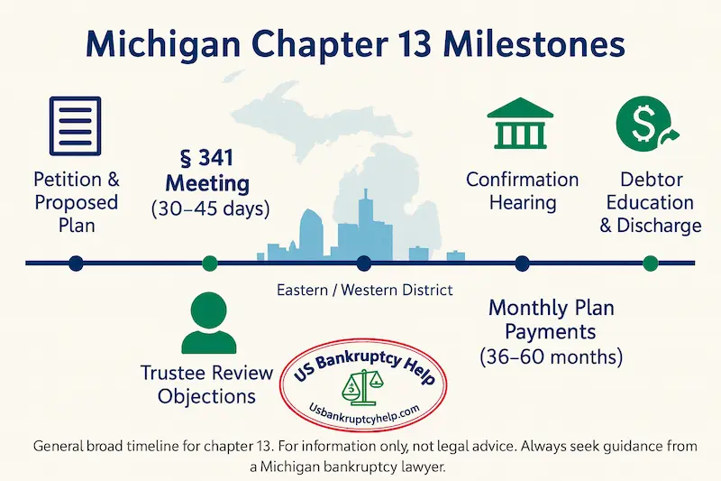 Michigan Chapter 13 bankruptcy timeline showing petition and proposed plan, §341 meeting (30–45 days), trustee review/objections, confirmation hearing, monthly plan payments, and debtor education/discharge, branded by US Bankruptcy Help.