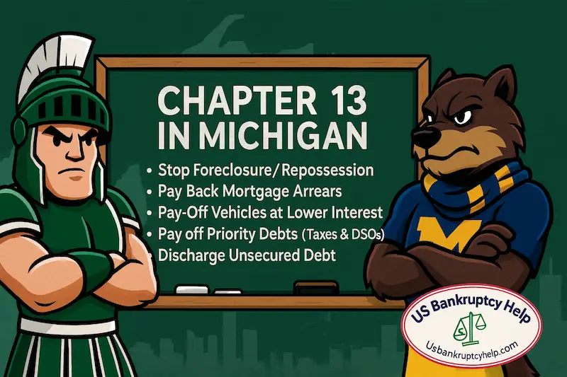Chalkboard graphic titled ‘Chapter 13 in Michigan’ with a green spartan and a maize-and-blue wolverine character standing on each side; chalkboard bullet points list: stop foreclosure/repossession, pay back mortgage arrears, pay off vehicles at lower interest, pay off priority debts (taxes & DSOs), discharge unsecured debt; US Bankruptcy Help logo branding.