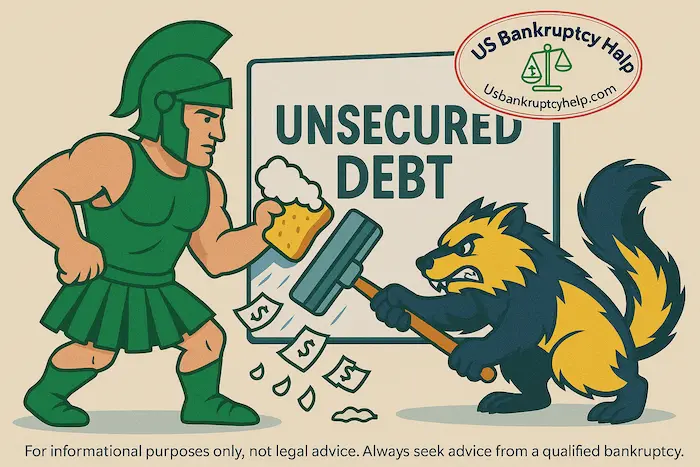 Cartoon Spartan warrior and wolverine erasing “Unsecured Debt” from a board, with US Bankruptcy Help logo and subtle Michigan motif—Chapter 7 debt relief concept.