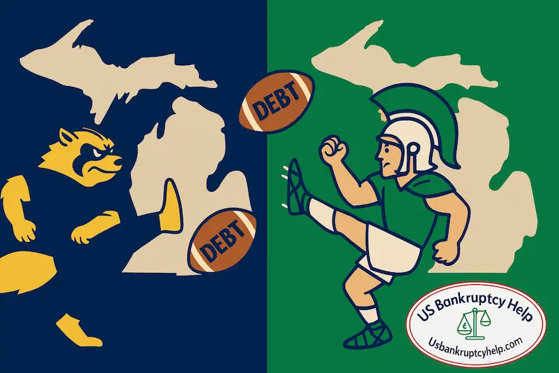 Michigan-themed illustration of a wolverine and a spartan punting footballs labeled ‘DEBT’ with the Michigan state silhouette and US Bankruptcy Help logo.