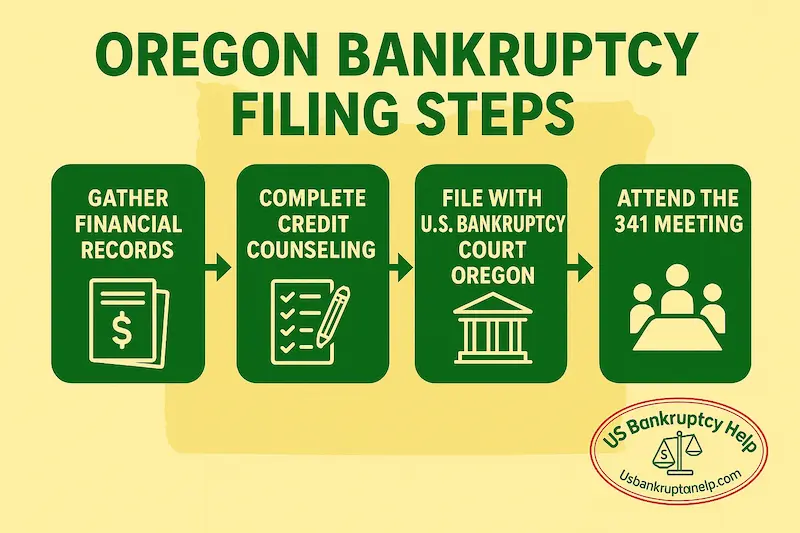 Infographic in Oregon colors showing the main steps to file bankruptcy in Oregon—gather records, credit counseling, file with the court, and attend the 341 meeting—branded with the US Bankruptcy Help logo.