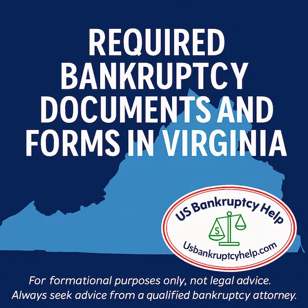 Informational graphic with the heading “Required Bankruptcy Documents and Forms in Virginia” over a blue silhouette of the state of Virginia, branded with the US Bankruptcy Help logo and a small disclaimer stating it is for informational purposes only and not legal advice.