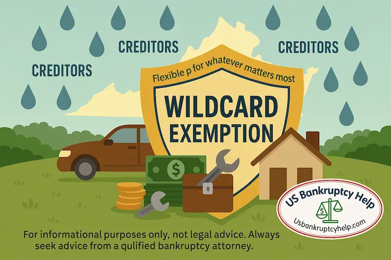 Illustration of a large yellow shield labeled “Wildcard Exemption” protecting a car, house, cash, coins, and tools from blue raindrops labeled “creditors,” set against green hills with the US Bankruptcy Help logo and the disclaimer “For informational purposes only, not legal advice. Always seek advice from a qualified bankruptcy attorney.