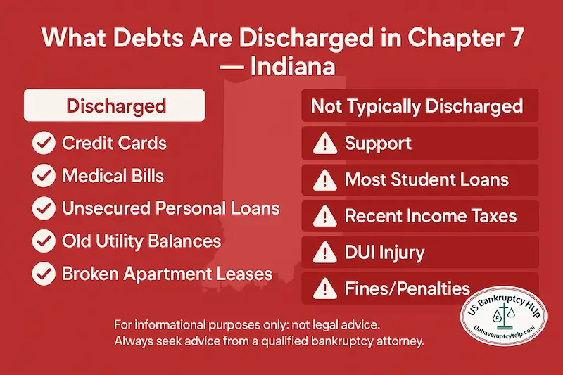 Two-column Indiana graphic titled ‘What Debts Are Discharged in Chapter 7 — Indiana’ in Hoosier red-and-white with a subtle Indiana outline and the US Bankruptcy Help logo; left column lists discharged debts (credit cards, medical bills, unsecured personal loans, old utility balances, broken apartment leases) and right column lists not typically discharged debts (support, most student loans, recent income taxes, DUI injury, fines/penalties), with a small legal disclaimer at the bottom.