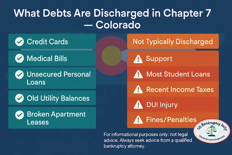 Infographic titled “What Debts Are Discharged in Chapter 7 — Colorado” with a teal column listing debts typically discharged, such as credit cards, medical bills, unsecured personal loans, old utility balances, and broken apartment leases, and an orange column labeled “Not Typically Discharged” listing support, most student loans, recent income taxes, DUI injury debts, and fines or penalties, set over a faded Colorado flag background with the US Bankruptcy Help logo in the corner.