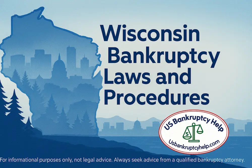Hero image showing an outline of Wisconsin with a blue city skyline and pine trees in the background, large title text reading “Wisconsin Bankruptcy Laws and Procedures,” and the US Bankruptcy Help logo with a small disclaimer stating that the graphic is for informational purposes only, not legal advice.