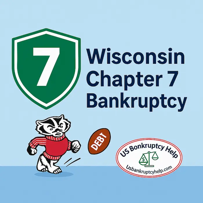 Cartoon-style Wisconsin Chapter 7 bankruptcy graphic showing a green shield with the number 7, a badger in a red sweater punting a football labeled “DEBT,” and the US Bankruptcy Help logo, illustrating wiping out debt through Chapter 7 bankruptcy in Wisconsin.