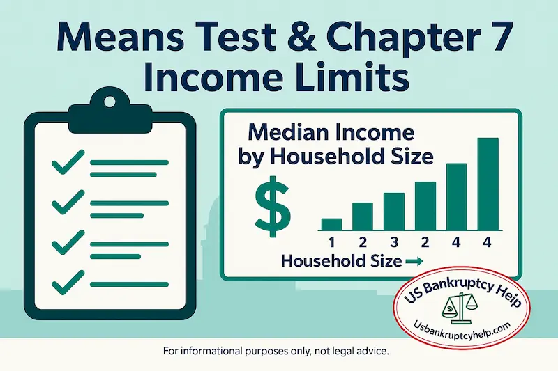 Illustration of the Wisconsin chapter 7 income limits and means test, with a Wisconsin state outline, icons for income and expenses, and a stylized median income table, branded with the US Bankruptcy Help logo.