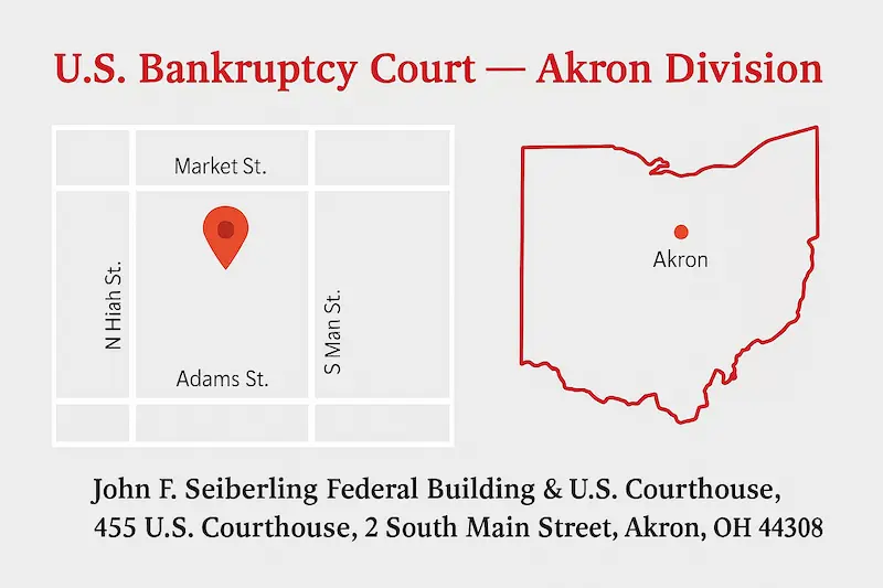 U.S. Bankruptcy Court, Akron Division map at John F. Seiberling Federal Building, 2 South Main St, Akron, OH 44308.