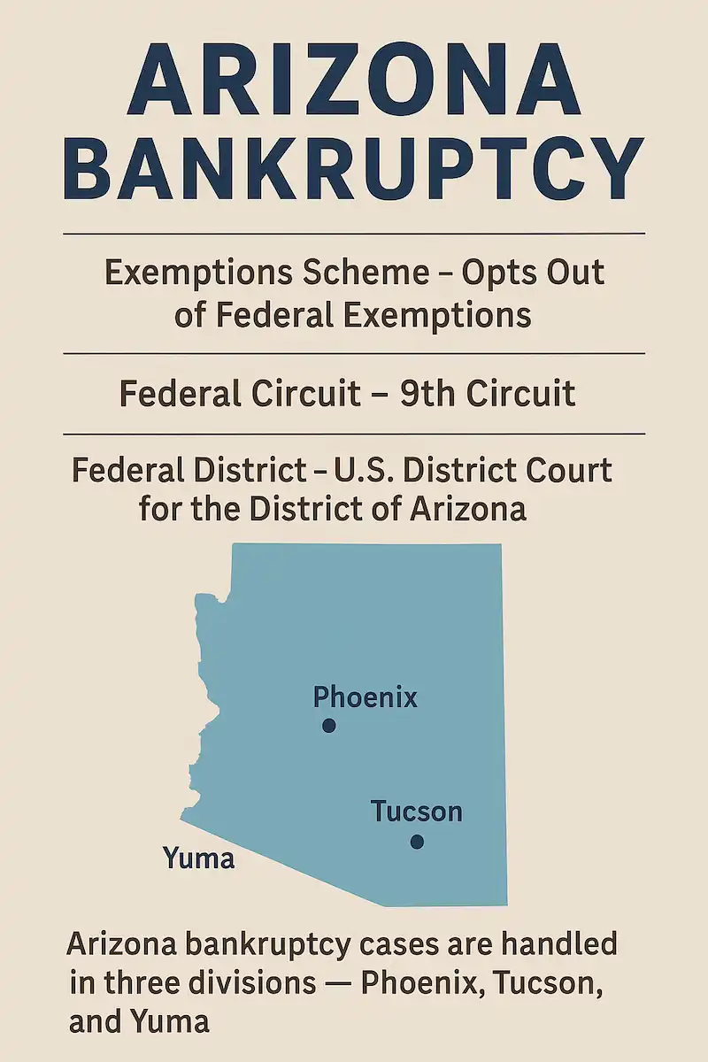 Arizona bankruptcy overview infographic showing “opt-out of federal exemptions,” Ninth Circuit, U.S. District Court for the District of Arizona, and a state map with Phoenix, Tucson, and Yuma divisions marked.