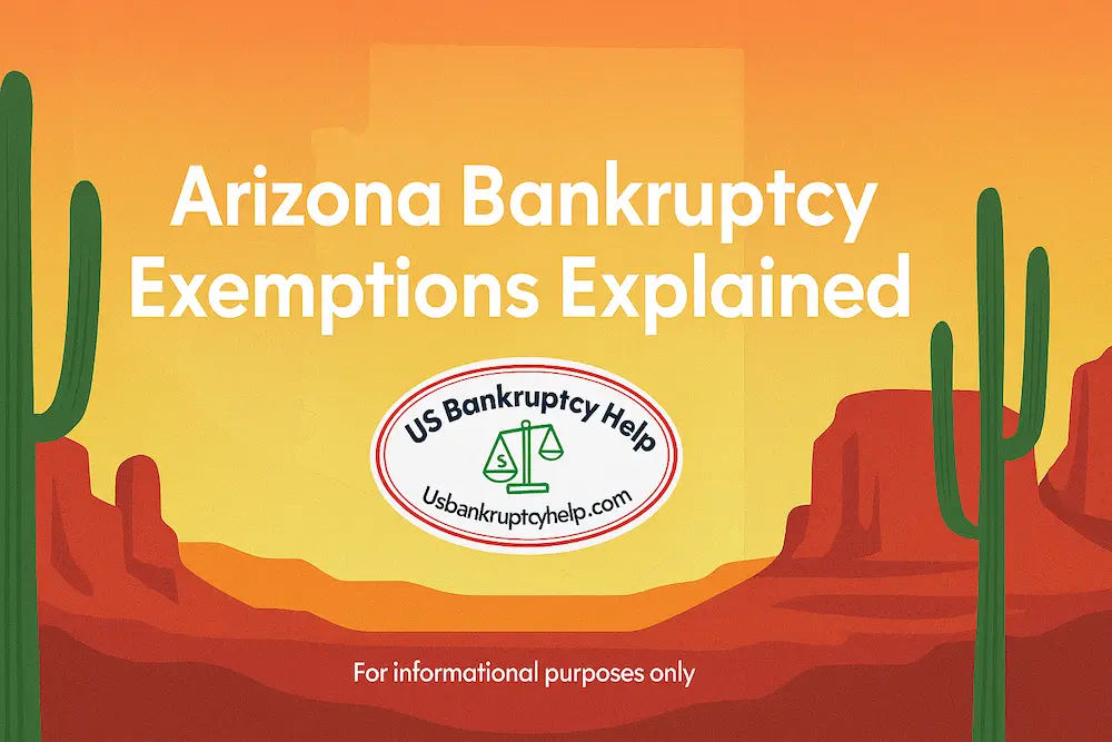 Arizona desert hero graphic with saguaro cacti and red-rock mesas at sunrise, headline centered reading ‘Arizona Bankruptcy Exemptions Explained,’ and the US Bankruptcy Help logo placed as a brand mark in the corner.
