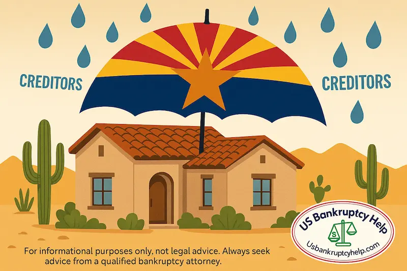 Southwestern adobe home protected by an Arizona-flag umbrella, symbolizing Arizona bankruptcy exemptions shielding home equity from creditors; US Bankruptcy Help logo in the corner.