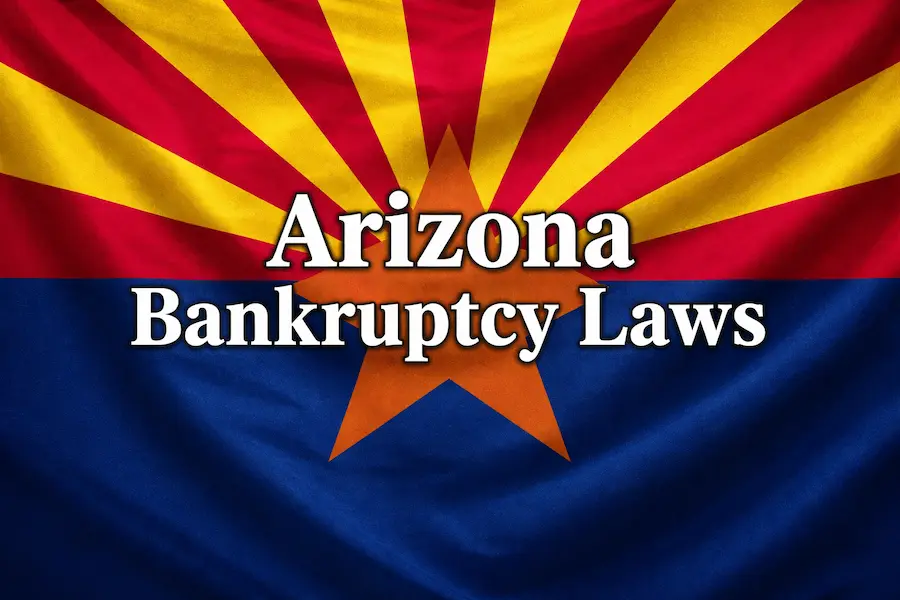 Arizona state flag background with centered text reading Arizona Bankruptcy Laws, used as a hero image for an Arizona bankruptcy law guide.